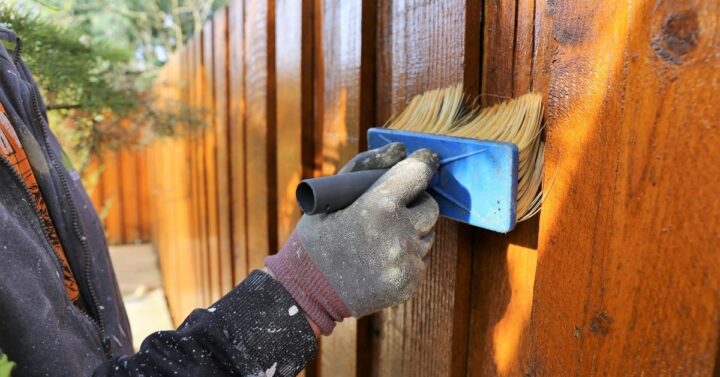 Painting a wooden garden fence.