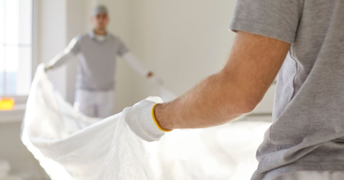 Two painters wearing gloves spreading plastic sheeting to protect the floor in a bright room before painting.