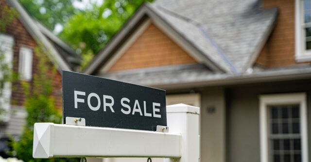 Modern house in the background with a for sale sign out the front of it.